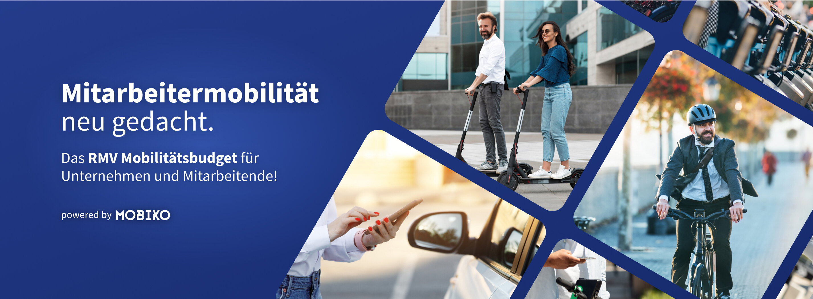 Mitarbeitermobilität neu gedacht. Abbildung von Menschen auf Rollern, Fahrrädern und mit einem Autoschlüssel.