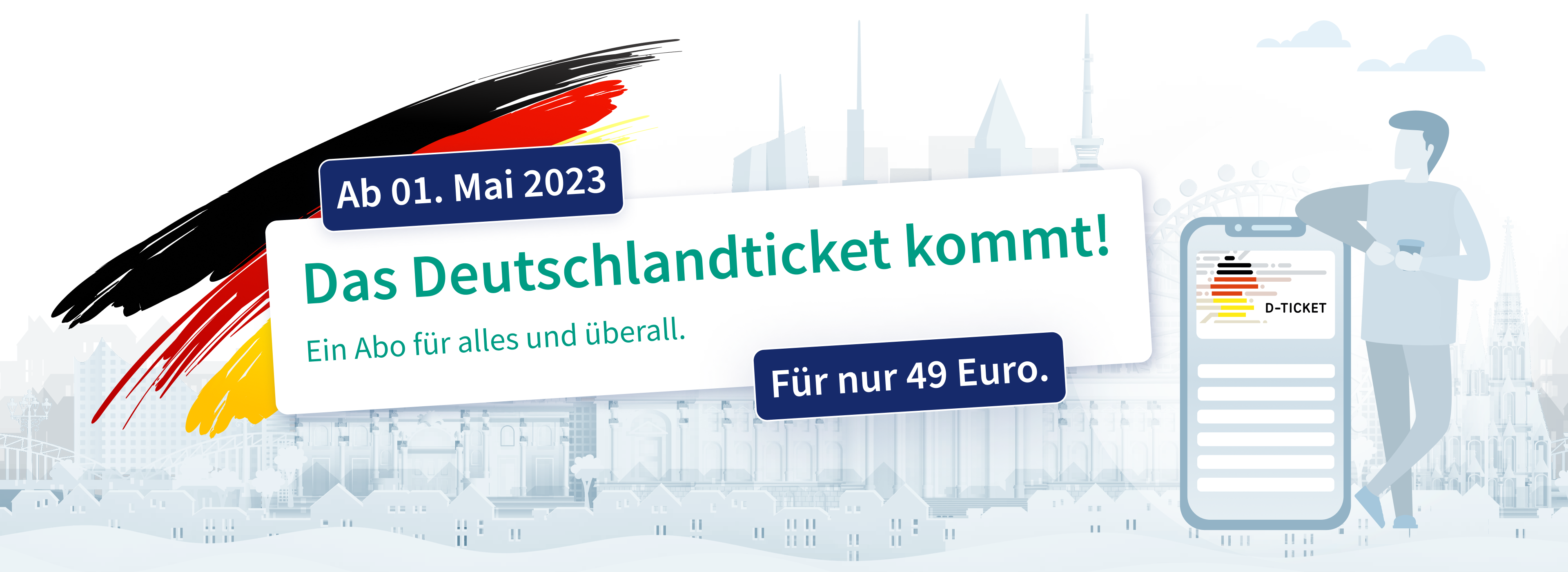 Eine Illustration, die Deutschland und einen Fahrgast mit der RMVgo-App samt Deutschlandticket zeigt.